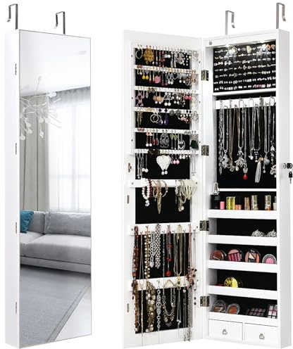 Giantex Wall Door Mounted Jewelry Armoire Cabinet with 47.5 Full Length Mirror, 2 LEDs Lockable Jewelry Organizers and Storage with 2 Drawers, Over the Door Jewelry Organizer Cabinet (White)