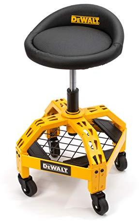 DEWALT Heavy Duty Adjustable Rolling Shop Stool, 360-degree Swivel Industrial Garage Stool with Padded Seat, Storage Shelf, Removable Wheels