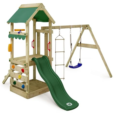 WICKEY Spielturm Klettergerüst FreshFlyer mit Schaukel & Grüner Rutsche, Outdoor Kinder Kletterturm mit Sandkasten, Leiter & Spiel-Zubehör für den Garten…