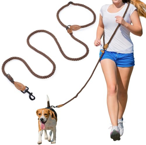 Mile High Life Hands Free Dog Leash, Crossbody Waist Leash with Genuine Leather Connection, Multifunctional Adjustable Slip Lead for Dog Walking Running (Dark Brown, 7FT)