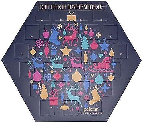 pajoma® Duftteelicht Adventskalender, sechseckig | 24 Teelichte in 6 Sorten inkl. Teelichthalter aus Glas | Duftkerzen Teelicht Advent-Kalender