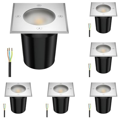 ledscom.de 6 Stück Bodeneinbauleuchte RELI für außen, IP67, edelstahl, gefrostet, eckig, 11 x 11cm inkl. LED Lampe 535lm weiß