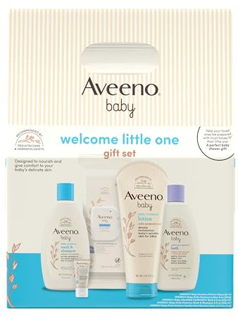 Aveeno Baby Welcome Little One Gift Set, Skincare Set with Nourishing Body Wash & Shampoo, Calming Bath Wash, All Over Wipes, Daily Moisturizing Lotion, & Balm, 5 Items