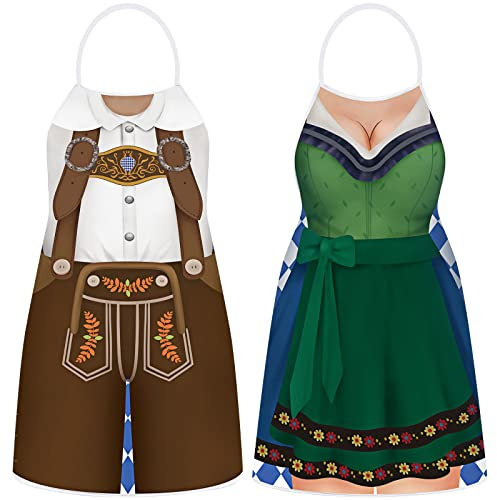 Hillban 2 Pcs Oktoberfest Aprons Women Mens German Apron Oktoberfest Costume for Couples Cooking BBQ Party Favor Gifts(Delicate Style)