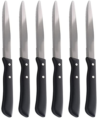 Coltello da tavola set12 per Bistecca Carne Pizza Lama Acciaio Inox seghettata Manico Nero Chiodato per Pub ristoranti di Lusso