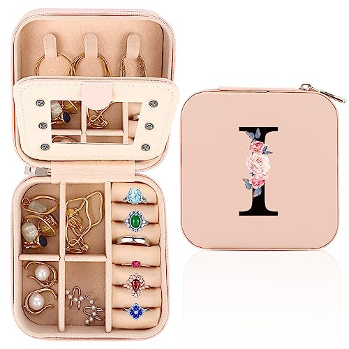 WALLFID Travel Jewellery Box,Alphabet Jewellery Organiser,Portable Jewellery Box,Small Travel Jewellery Storage Case with Mirror,Birthday Gift for Women,Mothers Birthday Valentines Day Gift Ideal (I)