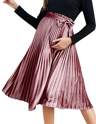 FUNJULY Maternity Skirts Velvet High Elastic Waisted A Line Pleated Ruffle Casual Flowy Swing Holiday Skirt with Belt Pink M