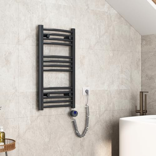EMKE Scaldasalviette elettrico da bagno, 75 x 40 cm, con termostato, piccolo scaldasalviette con timer, colore antracite, 250 W