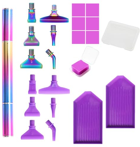 papasgix Diamond Painting Stift Zubehör, 5D Diamant Malerei Stift Werkzeug Set mit 5d Drill Pen Ersatzköpfe Diamond Painting Stifte Zum Befüllen für DIY Handwerk Nagelwerkzeug(21pcs Bunt+Lila)