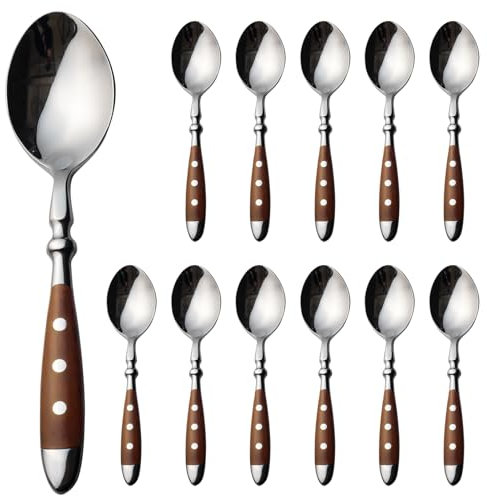 Alata Cucchiai da zuppa, 12 pezzi, in acciaio inox, con manici marroni, lucidati a specchio, posate per casa, ristorante, hotel, uso quotidiano, serie Berlin