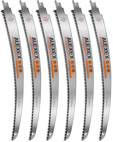 ALEXEX 6Pcs 15 Japanese Teeth Reciprocating Saw Blades for Wood Cutting and Tree Trimming, 6TPI Arc Curved Wood Sawzall Blades for PVC Pipe Cutting, Cr-V Sabre Sawzall Pruning Blades 15 Inch