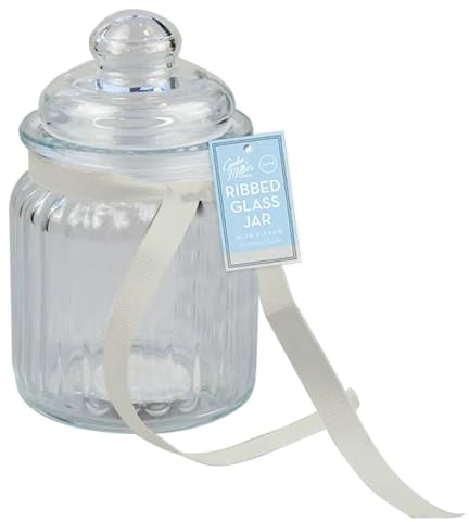 ARA CHOICE Ribbed Glass Jar with Ribbon – 250ml Airtight Storage Container with Seal Lid | Stylish Kitchen Decorative Storage Jar for Spices – Coffee – Sugar | Dishwasher Safe Jar (Ivory)
