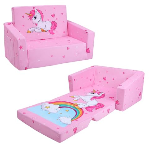 Sofás Plegables para niños Sillón con Respaldo Sillón 2 en 1, Sillón Infantil Cómoda Estable Ligero con Bolsillo de Tela, Sofá Cama Asiento para Bebé para Dormitorio Sala de Juegos, Unicornio