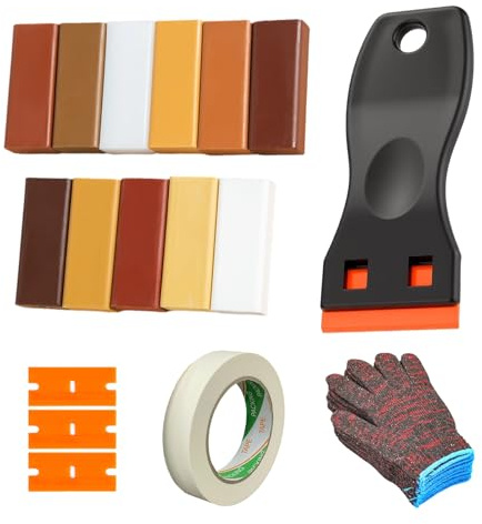 Feegela Kit Riparazione Legno 11 Colori | Stucco per Legno Riempitivo | per Graffi, Crepe e Buchi | Cera Dura per Parquet, Laminato, Mobili, Marmo | Set con Spatola, Lame, Guanti