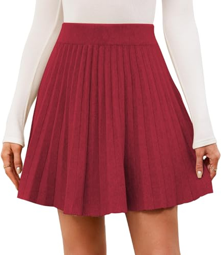 Genfien Women's Knitted Skirt High Waisted Pleated Waist Elasticity A-Line Mini Above The Knee Basic Autumn Winter Wine Red