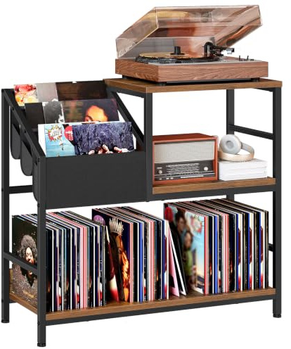 HOOBRO Record Player Stand, Vinyl Record Storage up to 240 Records, Turntable Stand with 3 Oxford Fabric Pockets, for Living Room, Study, Home Theater, Rustic Brown and Black EBF82RS01