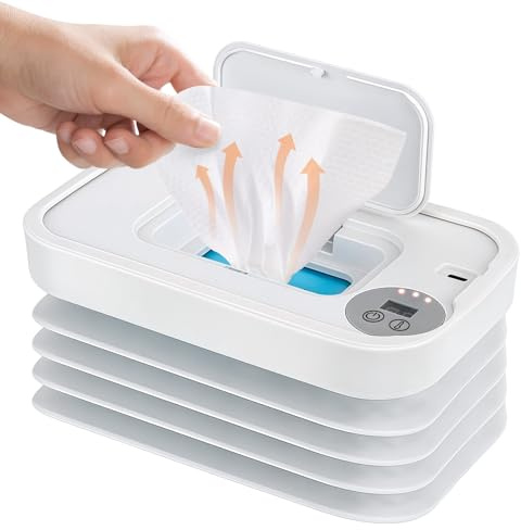 Baby Wipes Warmer, 3 Adjustable Temperature, USB Powered Heated Wipes Dispenser with Night Light and Display, Folding Design, Portable Wipe Warmer for Home Outdoor Travel (White)