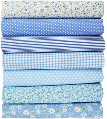COGVOHY 7PCS Fat Quarters Fabric Bundles, 20x20 Cotton Fabric Squares, Blue Precut Quilting Cotton for Sewing, Patchwork, DIY Crafts, Home Décor