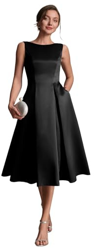 Ever-Pretty Robes d'Invité de Mariage Col Bateau sans Manche Satin Midi Poche EG02775