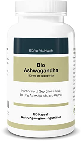EXVital premium Bio Ashwagandha,180 Kapseln – 600 mg je Kapsel (1800 mg Tagesportion) - Vegan - ohne Zusatzstoffe, bekannt aus der indischen Ayurveda