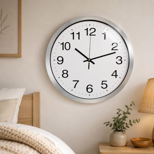 Outpicker Wall Clock Silent Non Ticking Clock 12 Inch Battery Operated Wall Clocks for Living Room Modern Bedrooms Office Kitchen Clock (Silver white)