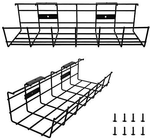 COYACOOL Under Desk Cable Management- 2 Pack Cord Organizer. Metal Wire Cable Management Tray for Office, Studio and Home. Super Sturdy Under Table Cable Management - Black Cable Organizer