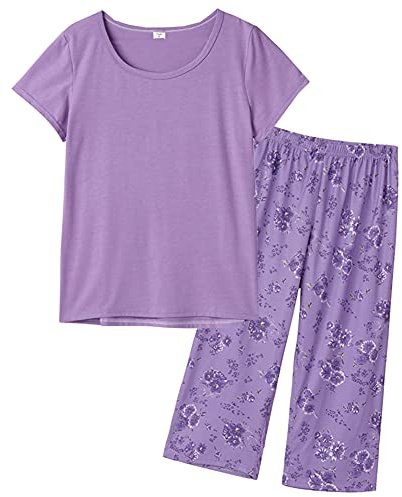MyFav Women's Short Sleeve Pyjama Sets Lounge Sleepwear Top with Capri Pants Pjs Sets(Purple,XXL)