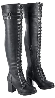 Dream Apparel Women's Faux Leather Over The Knee Thigh High Boots, Black Lace Up Knee High Boots With Chunky Heel, Sexy Biker Boots with Buckle (Size 8.5)