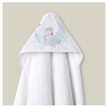 Interbaby - Capa de Baño Bebe Blanco/Verde | Toalla Bebe con Capucha 100% Algodón, 100x100cm, Unisex | Suave, Secado Rápido | Ideal Recién Nacidos, Bebes y Niños Pequeños | Diseño Bear Sleeping
