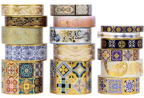 Forwaarss Vintage Washi Tape Set - 16 Rollen Goldfolie Dekoratives Klebeband Bunt für DIY Handwerk, Zeitschriften, Sammelalben, Bullet Journals, Scrapbooking (5/10/15/30mm Breit)