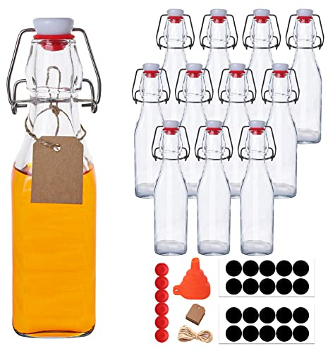 UrSpeedtekLive 12 Pack 8.5oz Swing Top Glass Bottles, 250ML Square Bottles with Airtight Stoppers for Kombucha, Kefir, Vanilla Extract, Beer(Bonus Gaskets, Labels and Funnel)