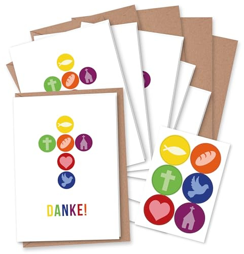 Papierdrachen 6 biglietti di ringraziamento per feste cristiane come battesimo, comunione, confermazione, cresima - motivo croce - biglietti pieghevoli con busta e adesivi coordinati - DIN A6 - Set 6