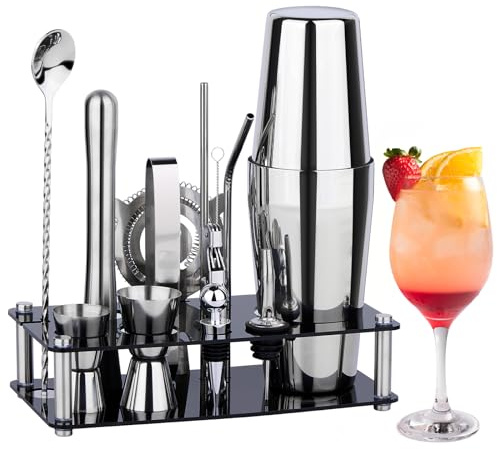 Cocktail Shaker Set Bartender Kit : 15-Piece Bar Tool Set with Acrylic Stand Bars Set with All Practical Bar Accessories, for Drink Mixing, Bar, Home, Lounge & Party, Silver