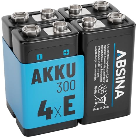 ABSINA 4X Pilas 9V Recargables 300 con Baja Autodescarga - Pila 9V de Bloque NiMH con 8,4V y al Menos 270mAh - Pila 9V Recargable, 9V Battery, bateria 9V, Pila 9V 6LR61, Pila Recargable 9V, 6F22 9V