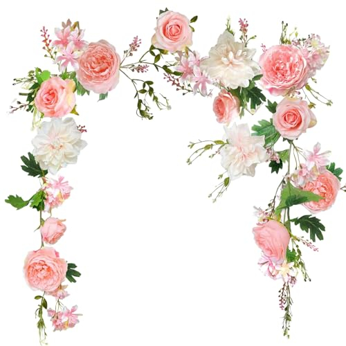 BYZESTY Pfingstrosen Girlande, 180cm Künstlich Rosen Blumengirlande, Gefälschte Rose Vine Girlande, Künstliche Rosen Girlande Für Tür, Hochzeit, Party, Garten, Wand, Heimdekoration (Rosa)