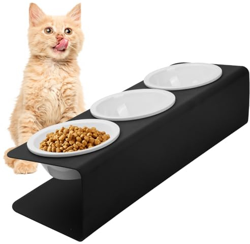 Kattskål upphöjd med metallstativ, 3 st. kattskålar av keramik, 15° lutande foderstation hundskål, kattmatskål anti-kräkningar, matskål och vattenskål för katter hundar