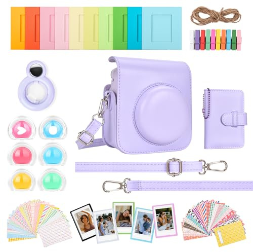 HIYQIN 8 en 1 Housse et Accessoires Compatibles avec Fujifilm Instax Mini 12, Polaroid Instax Mini 12 Album Photo/Cadres/Autocollants/Filtre d'objectif/Miroir Selfie - Lilas Violet