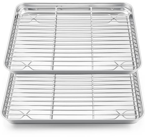 HaWare Small Baking Tray - 4 Pack (2 Trays+2 Racks), 26.5 X 20.5 X 2.5 cm Stainless Steel Oven Cookie Sheet Pan with Cooling Rack, Healthy & Non Toxic, Mirror Finish & Dishwasher Safe