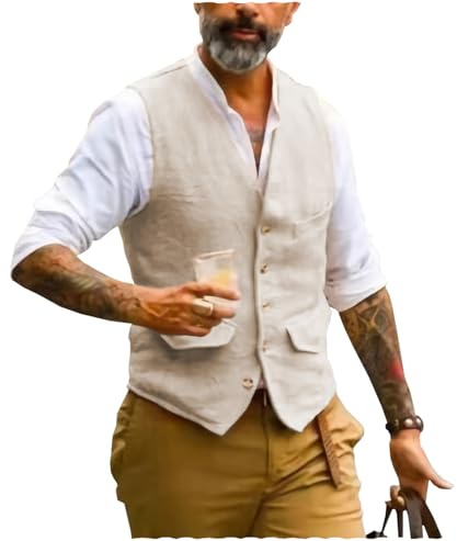 AeoTeokey Gilet estivo da uomo per completo, in lino, con scollo a V, stile vintage, formale, alla moda, vestibilità regolare, Beige, M
