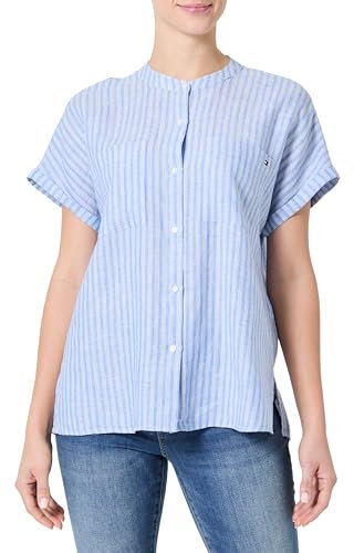 Tommy Hilfiger Damen Bluse Linen Collarless Kurzarm, Blau (Multiple STP/Blue Spell), 40