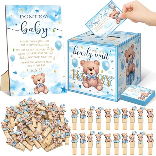 Dispowreath 102 Pcs Bear Pins for Baby Shower Game Theme Supplies Diaper Raffle Tickets with Diaper Raffle Card Box Don't Say Baby Sign Mini Clothespin Shower Game Decor for Gender Reveal(Blue Bear)