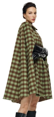 BEAUTELICATE Cape Manteau Court en Laine Mélange Tartan Poncho Chic Vintage Veste de Léopard Chaud pour Femme Soirée Mariage Quotidien de Hiver Automne Noël Halloween Deguisement Plaid Vert, XL