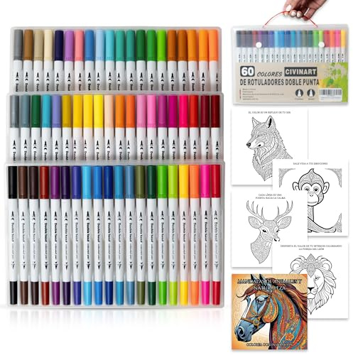 Estuche Rotuladores Doble Punta Canetas para Pintar Mandalas, Rotuladores Lettering 60 colores, Rotuladores Alcohol Kit Alcohol Markers Incluye 4 Plantillas Animales Mandalas Colorear Adultos y Niños