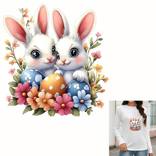 2pcs Cartoon Bunny Easter Egg Iron On Transfers for T-Shirts Rub on Transfers Stickers Vinyl Ready to Press Stickers Iron on Decals for T-Shirts Clothing Hoodie DIY Crafts