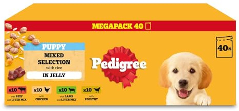 PEDIGREE Puppy Dog Food Pouches Chunks in Jelly, 40 x 100g Multipack, Four Flavours (with beef & Liver, Chicken, Lamb & Liver and Poultry)