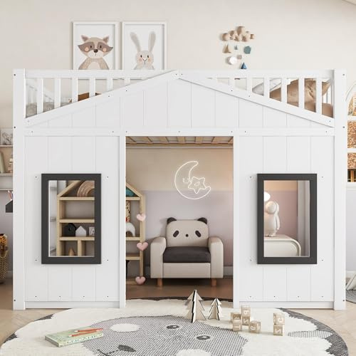 ZYLOYAL10 Litera, cama de casa, con escalera, con protección contra caídas y rejilla, cuna con ventana, cama bajera, marco de pino+MDF, color blanco, 90 x 200 cm