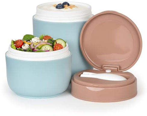 Colexy Taza Desayuno, Taza Desayuno Portátil con Cuchara, Fiambrera de Desayunos, Ollas de Yogur, Doble Capa Tazas de Cereales para Yogur, Avena y Comida al Aire Libre (Azul)