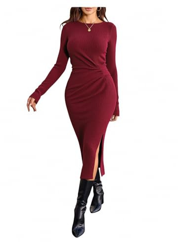 GORGLITTER Women's Twist Front Split Thigh Pencil Midi Dresses Long Sleeve Crewneck Ruched Going Out Dress Burgundy Medium