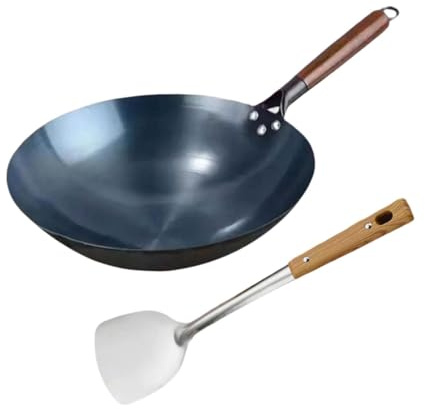 Gcljlmy Padella wok antiaderente non rivestita, padella in ferro battuto manuale con manico in legno, padella universale, wok con fondo rotondo (30 cm)