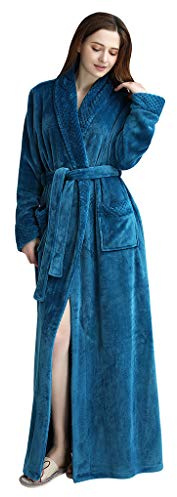 Susenstone Peignoir Femme Velours Robe De Chambre Polaire Femme Chaud ÉPais Long Flanelle Peignoir De Bain Homme Eponge Hiver Longue Pyjama avec Ceintures (M(EU36), Femme-Bleu)